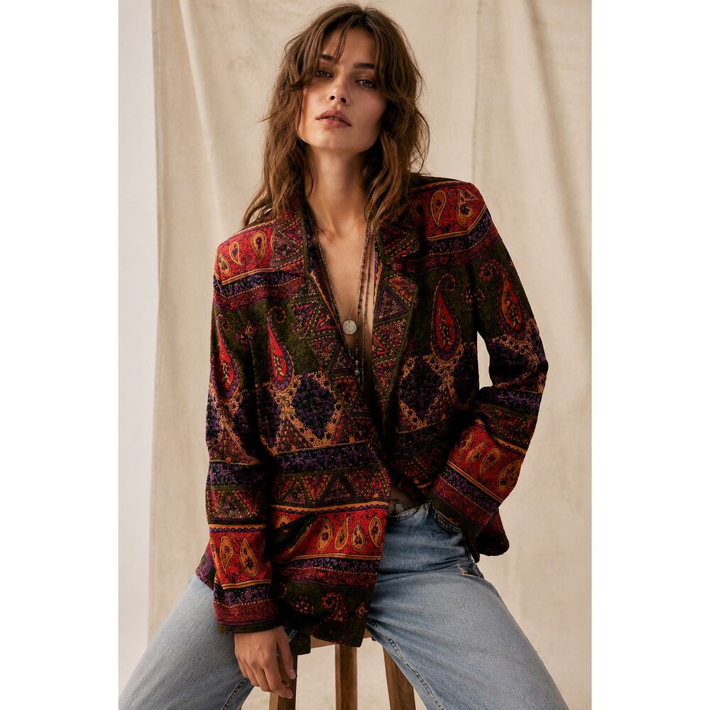 Vintage 90s Eric Ryan Sport Boho Print Beaded Tassel Longline Blazer Large Artsy